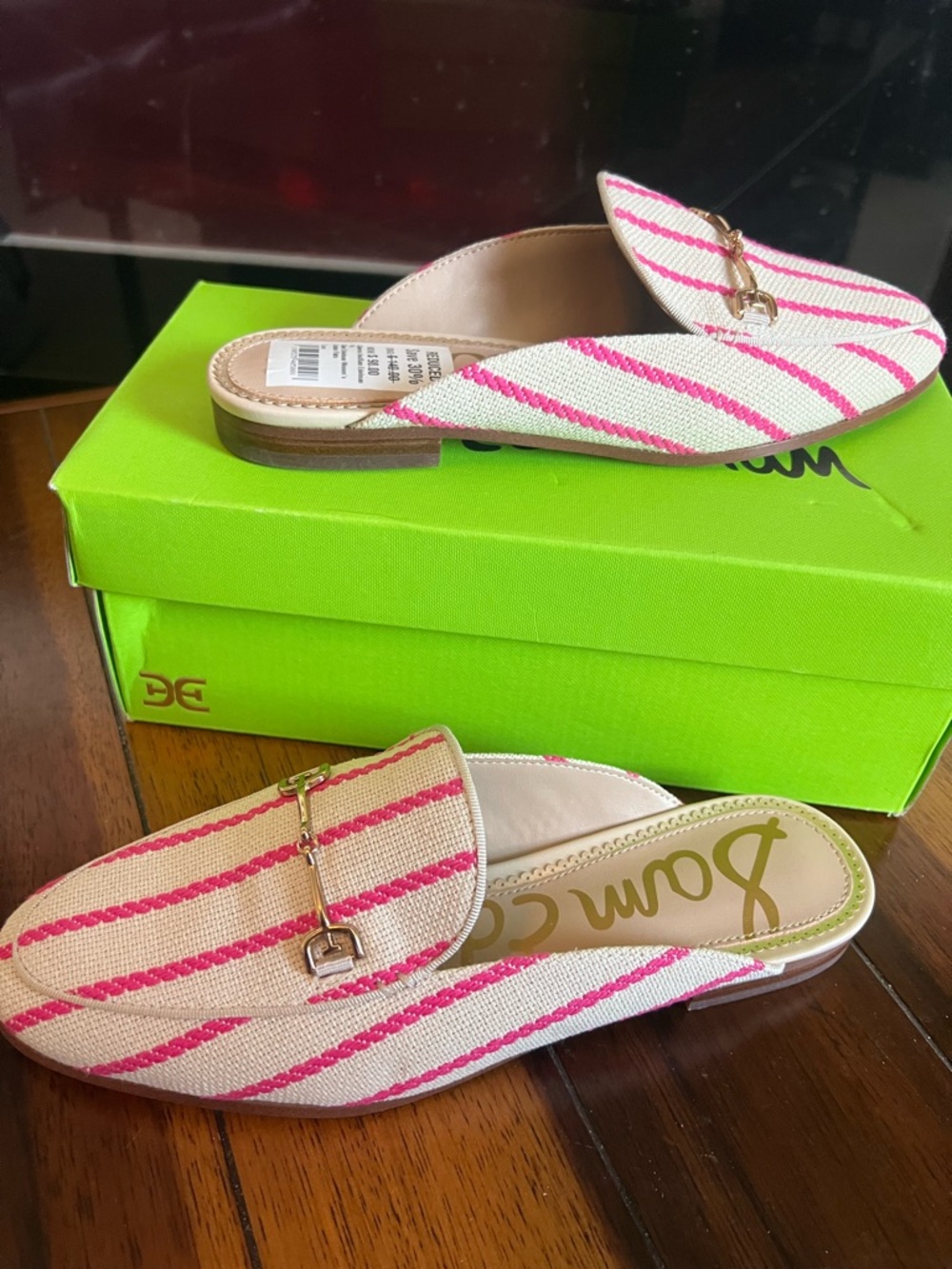 Sam Edelman Pink and Cream Striped Raffia Slip-On Mules